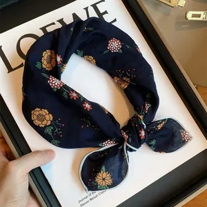 Elegant navy blue floral cotton square scarf and versatile hair band with vintage print