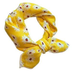 Bright yellow cotton square scarf featuring a vivid white daisy floral print in Harajuku style