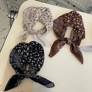 58cm cotton linen square scarf with paisley pattern in beige, brown, and black colors