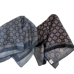 Set of two 58cm geometric pattern cotton linen square scarves and neck bandanas for women
