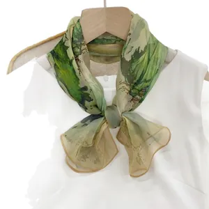 Elegant green abstract print chiffon silk scarf for sun protection, 35x140cm size