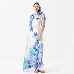 Women's Bohemian Printed Satin Look Beach Cover Up Kaftan Long Robe Loose Bikini Sunscreen Dress For Vacation Summer