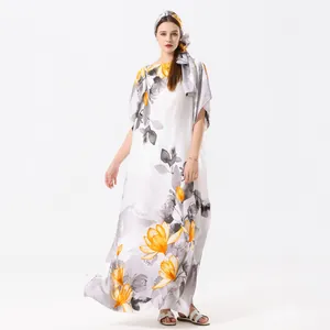 Elegant faux silk beach kaftan with yellow floral digital print and matching headscarf