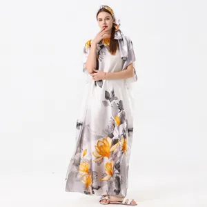 Elegant full-length satin floral print beach kaftan with matching headscarf for summer
