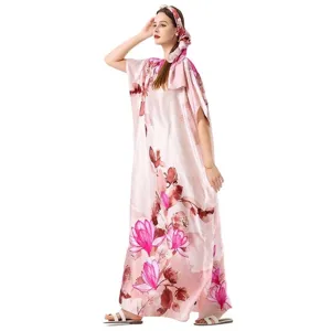Elegant pink floral print long beach cover-up caftan for women in imitation silk fabric