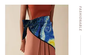 Detailed view of a premium silk scarf featuring Van Gogh Starry Night print as a waist belt