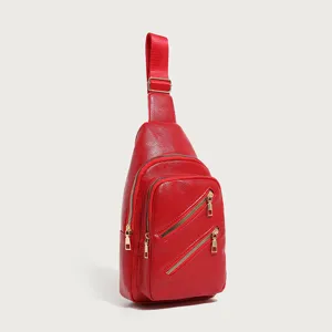 Red textured PU leather crossbody chest bag for women with multi-layer zipper storage