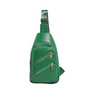 Trendy green PU leather women's crossbody chest bag with multiple zipper pockets