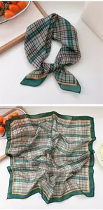 Detailed view of a vintage green plaid silk scarf in both tied and spread layouts