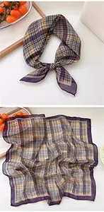 Close-up detail of a vintage purple plaid silk square scarf showing fine texture and pattern