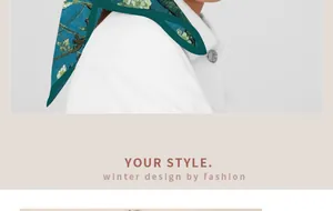 Detail of a Van Gogh Almond Blossoms print silk square scarf worn with a white coat.