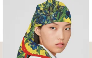 Detail of Van Gogh Irises oil painting printed silk square scarf worn as a headwrap
