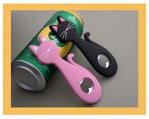 Creative and cute cat-shaped bottle opener and fridge magnet made of pink and black silicone