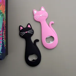 Creative Cartoon Cat Shape Beer Bottle Opener Stainless Steel Silicone Fridge Magnet Cute Cat Silhouette Manual Soda Bottle Opener Home Bar Gift