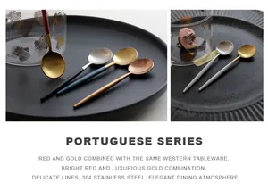 Elegant 304 stainless steel Portuguese series dessert spoons in multiple colors displayed.