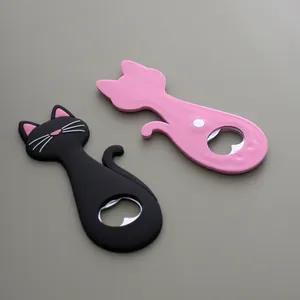 Cute cat-shaped magnetic beer bottle opener and fridge magnet set in black and pink colors.