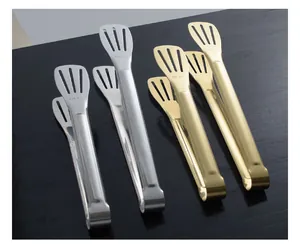 Close-up of gold and silver SUS 304 stainless steel flat-head food tongs
