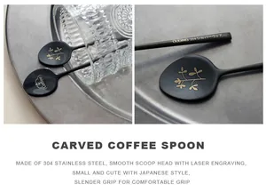 Close-up of black 304 stainless steel carved coffee spoons with laser engraving