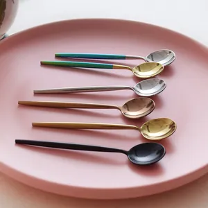 304 Stainless Steel Coffee Spoon Small Round Head Long Handle Dessert Spoon Mirror Matte Titanium Gold Stirring Spoon