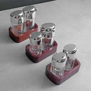 Nordic wood base seasoning bottle set with acrylic jars and metallic lids