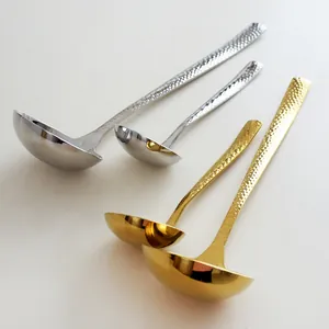Set of 304 stainless steel ladles with hammered texture handles in silver and gold finishes