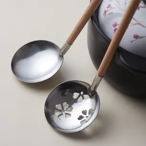 Set of 304 stainless steel ladles with wooden handles and flower pattern slotted design