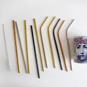Reusable stainless steel straws set with colorful straight and bent tubes plus cleaning brush