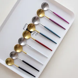 Modern set of minimalist 304 stainless steel coffee spoons with colorful matte long handles