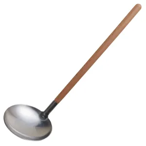 Professional grade 304 stainless steel soup ladle with natural wooden handle grip