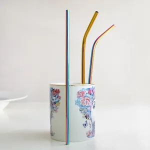Reusable 304 stainless steel straws in rainbow and gold finish for cocktail drinks