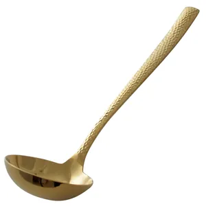 Premium golden 304 stainless steel soup ladle with elegant hammered texture handle