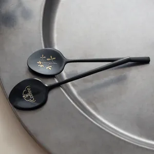 Elegant matte black 304 stainless steel coffee stirring spoon with a long handle design