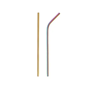 Reusable stainless steel straws in gold and iridescent finish, one straight and one bent.