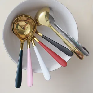 Moderne Suppenlöffel aus 304 Edelstahl mit bunten Griffen und Gold-Spiegelfinish