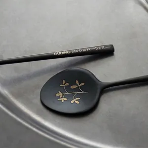 Matte black 304 stainless steel long handle coffee stirring spoon with gold floral pattern