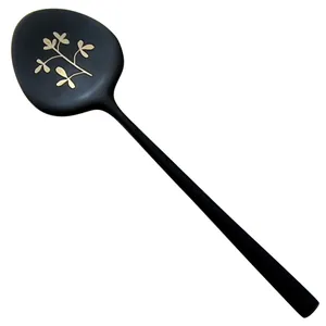 Black 304 stainless steel long handle coffee stirrer with elegant gold floral pattern engraving