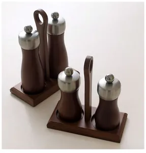 Manual wood and stainless steel pepper grinder set with portable base in two sizes