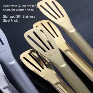 304 stainless steel slotted steak tongs with long handles for BBQ and kitchen use