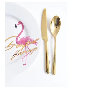 High-gloss mirror gold finish stainless steel knife and spoon cutlery set detail view