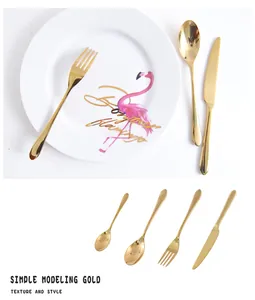 Mirror gold stainless steel cutlery set including dinner knife, fork and dessert spoons