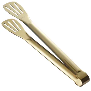 Premium golden 304 stainless steel food tongs for steak grilling, BBQ, and bread serving.