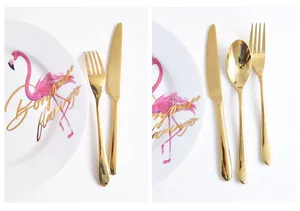 Close-up detail of luxury mirror gold stainless steel cutlery set for elegant dining