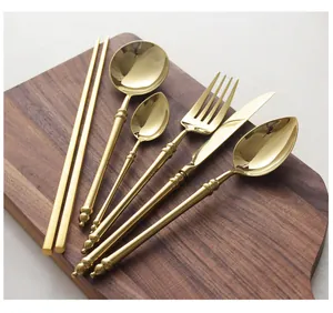 Elegant golden 304 stainless steel cutlery set including knife, fork, and spoons