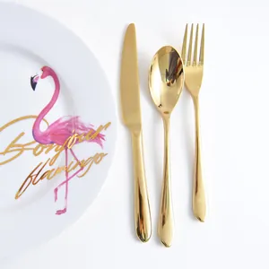 Mirror gold stainless steel cutlery set including knife spoon and fork on white background