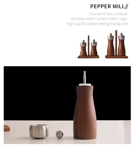 Detailed view of wooden pepper mill with stainless steel top and carbon steel core.