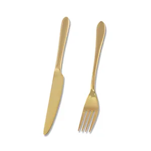 Elegant mirror gold stainless steel steak knife and fork cutlery set on white background