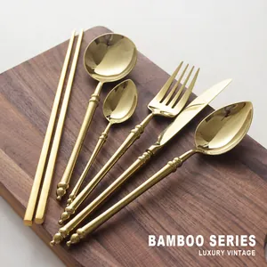 Luxury 304 stainless steel gold cutlery set with bamboo inspired handle design for steak