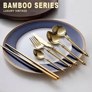 Luxury golden bamboo series stainless steel cutlery set with knife fork spoon