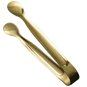 Mini stainless steel food tongs in gold for sugar cubes, ice cubes, and small appetizers.
