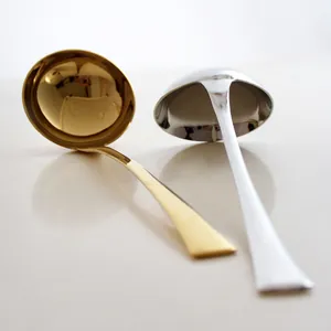 Elegant stainless steel long handle soup ladles in gold and silver mirror finishes